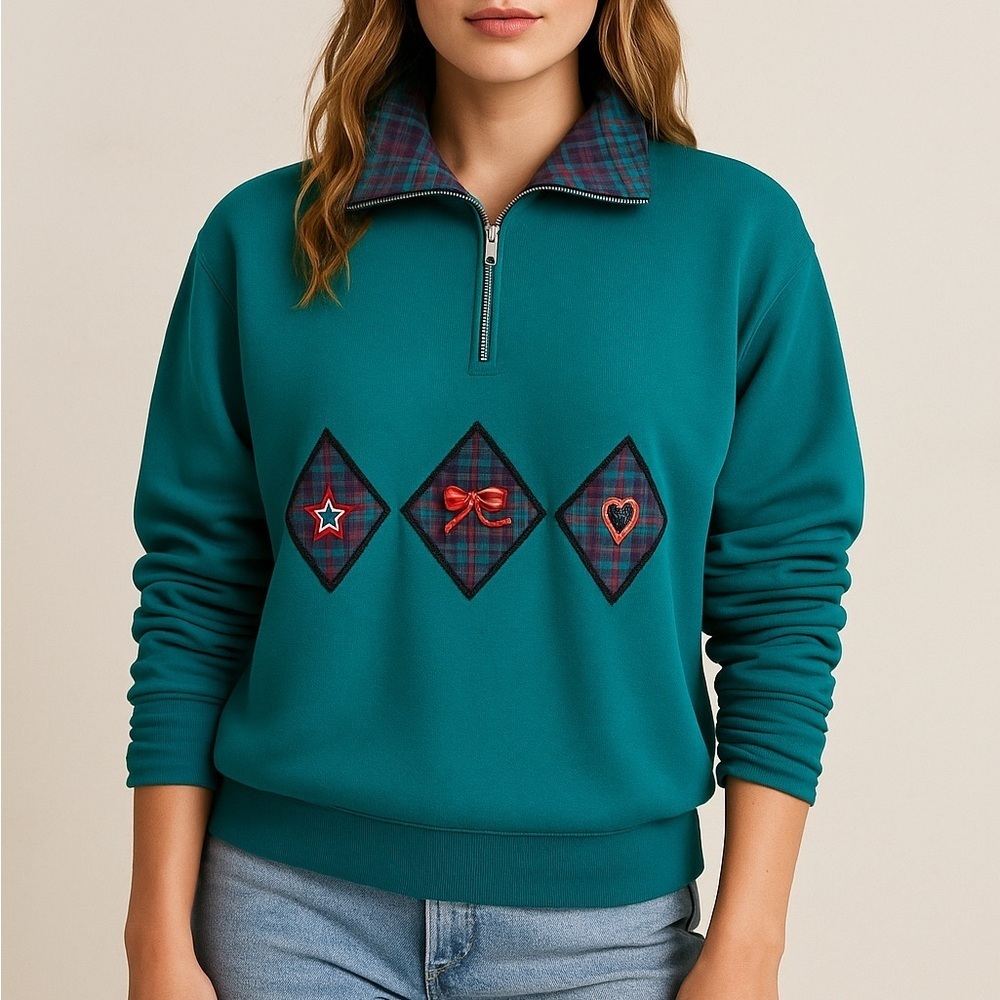 KORET SPORT Vintage Turquoise Pullover Funnel Neck Zip Plaid Patchwork Sweater